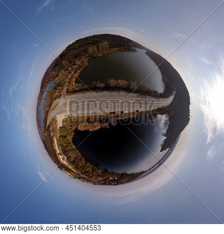 Planet Little. Planet Earth. Little Planet With Trees, River And Speed Road. Tiny Planet With Blue S