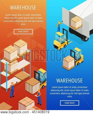 Warehouse Vertical Isometric Banners With Shelves With Goods For Storage, Unloading Cargo From Lorry