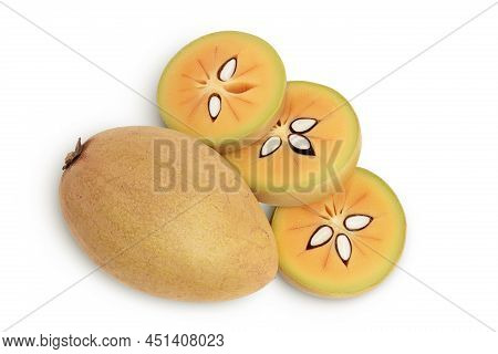 Sapodilla Isolated On White Background With Clipping Path And Full Depth Of Field. Top View. Flat La