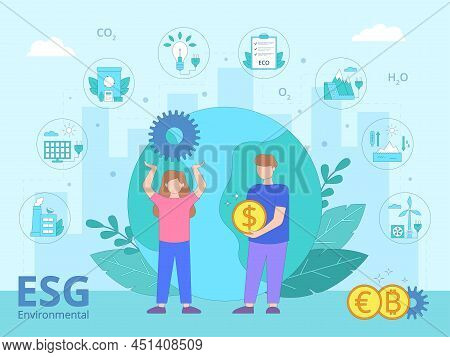 Esg Environmental Business Concept. Planet Earth With Icons Arranged Around It. Renewable Energy. Mo