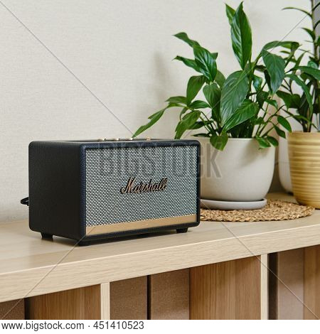 Marshall Acoustic Music Speaker In Retro Style With Bluetooth Connection. Vintage Acton Ll Sound Col