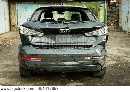 Audi Q3 In Black After An Accident. Accident Hit From Behind With Displacement To The Right Side. Ba