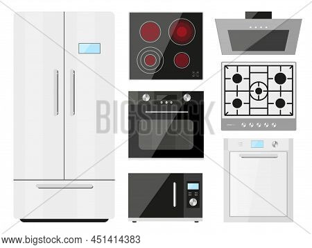 Kitchen Appliance Large Cooking Storage Flat Set. Refrigerator Electric Stove Induction Oven Microwa