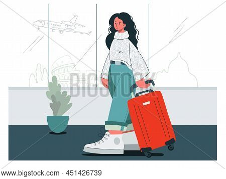 The Traveler With Luggage Walking At The Airport. Large Suitcase With The Silhouette Of A Passenger 