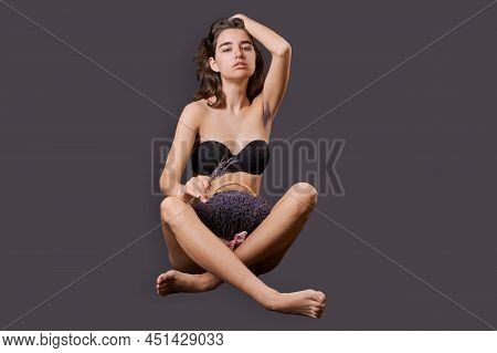 Girl In Shorts Sticks Out Them Lavender Like Pubic Hair. Symbol Stubble And Problems With Home Depil