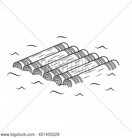 Wooden Raft, Isolated Vector Illustration Black Outline Sketch Doodle.
