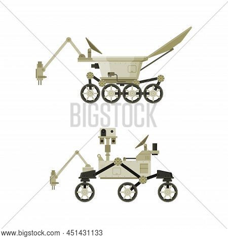 Space Roboric Rovers. Astronautics And Space Exploration Technologies Vector Illustration