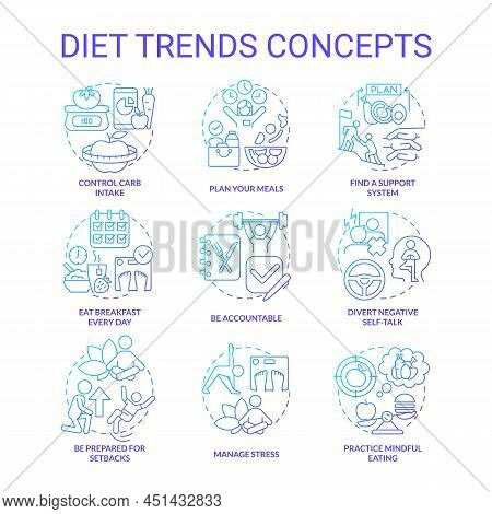 Diet Trends Blue Gradient Concept Icons Set. Healthy Lifestyle And Eating. Weight Control Idea Thin 