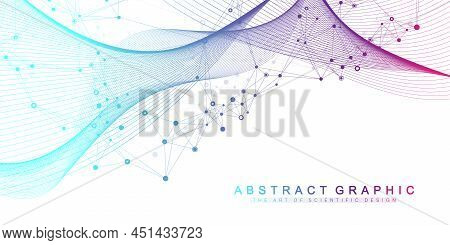 Digits Abstract Background With Connected Line And Dots, Wave Flow. Digital Neural Networks. Network