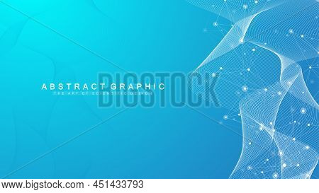 Digits Abstract Background With Connected Line And Dots, Wave Flow. Digital Neural Networks. Network