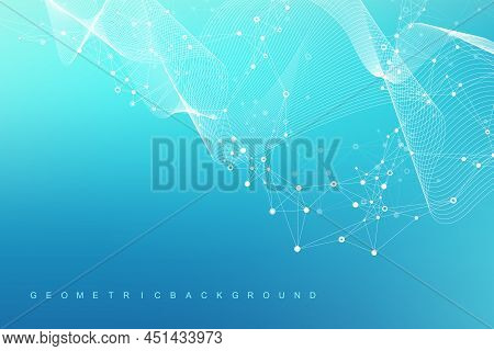 Digits Abstract Background With Connected Line And Dots, Wave Flow. Digital Neural Networks. Network