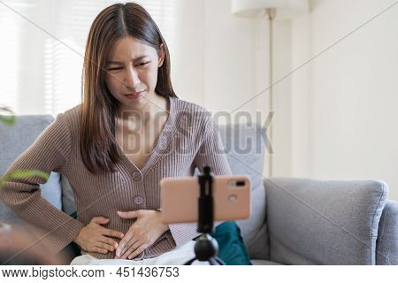 Flatulence Asian Young Woman, Girl Or Patient Hand In Stomach Ache Suffer Food Poisoning, Abdominal 