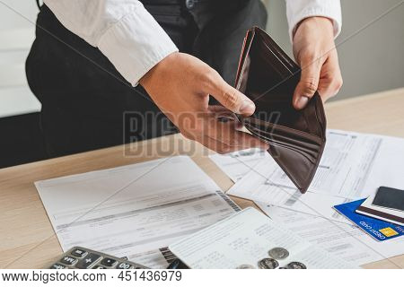 Stressed, Problem Business Person Man, Male Holding And Open An Empty Wallet Not Have Money, Credit 