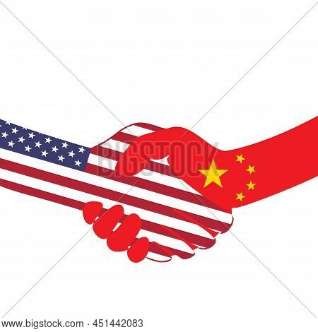 Handshake Logo. Flags Of Usa And China. Economic Cooperation. Partnership, Frienship. Vector Illustr