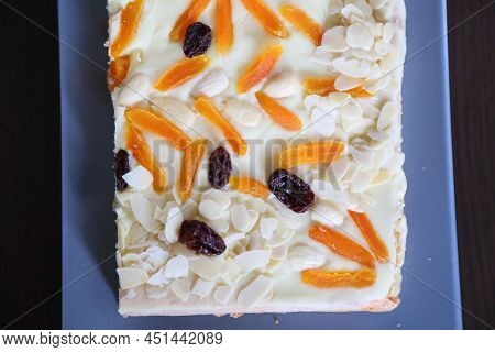Easter Cake Mazurek In Poland. Easter Pastry: Mazurek Cake With White Chocolate, Apricots And Almond
