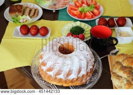 Babka Cake On Easter Breakfast Table In Poland. Easter Foods In Europe. Easter In Poland - Wielkanoc