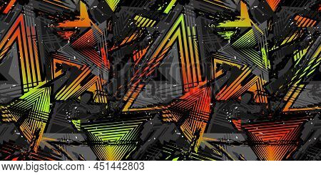 Vector Abstract Seamless Grunge Pattern. Urban Art Texture With Neon Shapes, Brush Strokes, Ink Elem