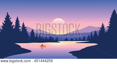 Lonely Canoeing Adventure In Summer With Orange Boat On The Lake
