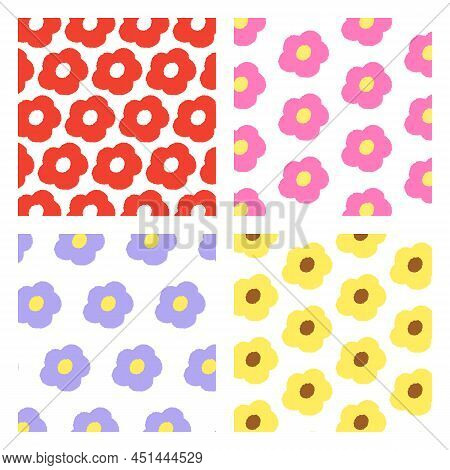 Set Of Cute Flower Pattern In Cartoon Style. Hand Drawn Vector Illustration. Pattern For Textile, Fa