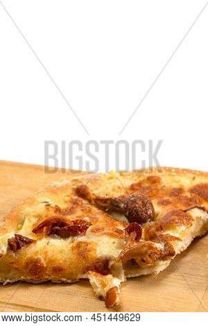 Extreme Closeup View Of Traditional Freshly Baked Cheese And Mushrooms Pizza On Woden Plate.