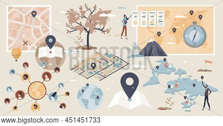Geolocation Set And Gps Location Or Direction Guide Tiny Person Collection. Items With Map Navigatio