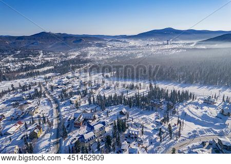 Aerial Top View Sheregesh Ski Lift Resort Winter, Landscape Mountain And Hotels, Russia Kemerovo Reg