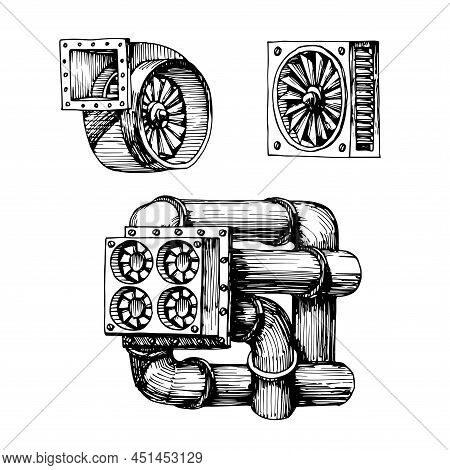 A Set Of Elements Of An Industrial Ventilation System With Pipes. Air Fan. Vector Illustration With 