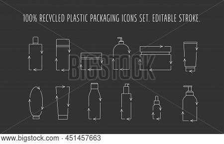 Recycled Cosmetic Plastic Bottles Set - Eco Packaging Icon. Vector Stock Illustration Isolated On Bl