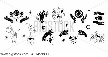 With Hands And Mystical Boho Moon Isolated Cliparts Bundle, Celestial Floral Moon Collection, Magic 