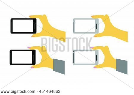 Vector Set 4 Hand Holding Black And White Smartphone, Isolated On White.