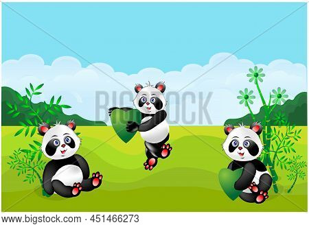Cartoon Panda Playing On Green Hill Background