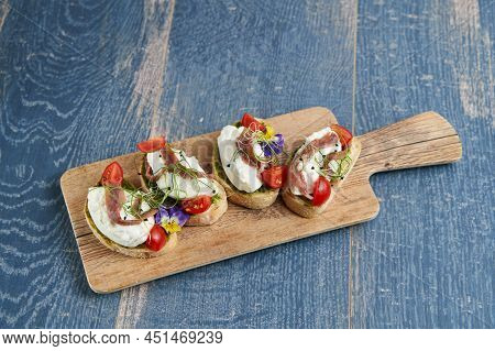 Bruschetta With Tomato And Basil, Bruscetta With Fish Bruscetta With Prosceutto And Rucola