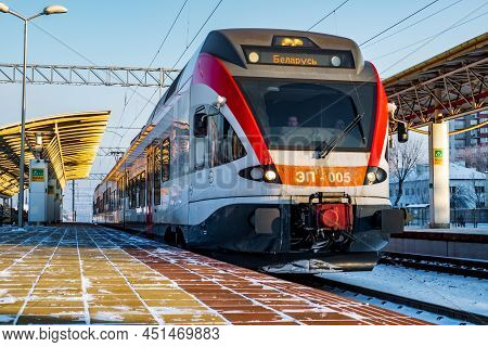 Minsk, Belarus - January 22, 2018: The Stadler Suburban Passenger Electric Train Departs From The Ma