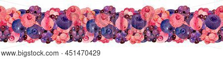Hand-painted Watercolor Berry Seamless Line Border Ornament. Kidcore Cute Vintage Papercut Style Des