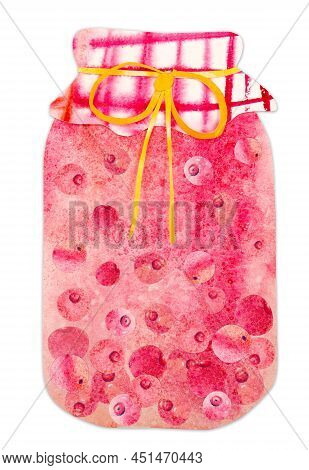 Hand-drawn Watercolor Cranberry Cowberry Compote Stewed Fruit Preserve Jar. Cute Kawaii Kidcore Pape