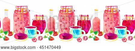Hand-painted Watercolor Summer Berries And Homemade Products Seamless Ornament Line Border. Jar Of J