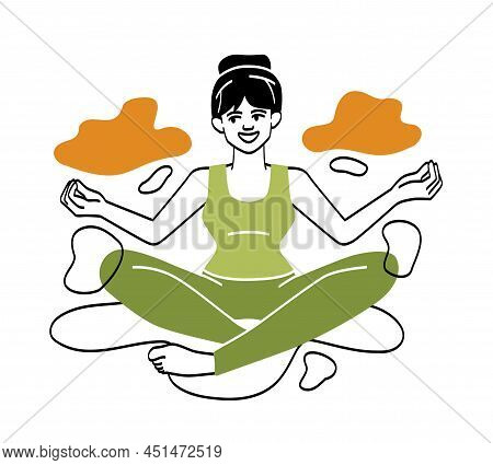 Women Meditating Concept. Girl Sits In Lotus Apose Among Clouds. Person Relaxes. Search For Yourself