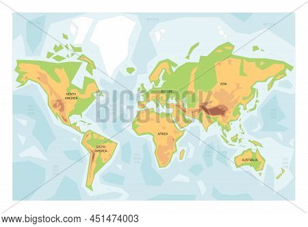 Simplified Physical Map Of World. Colorful Height Layers And Water Bathymetry. Vector Map.