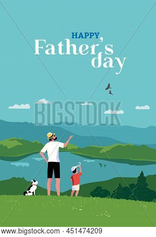 Happy Father, Son Enjoy Mountain Landscape Vector Poster. Dad, Kid Boy Family Together Travel Activi