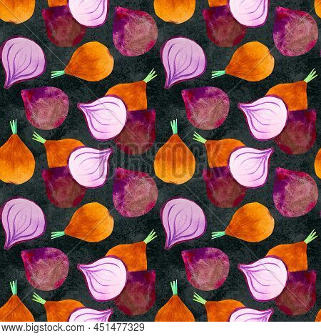 Hand-drawn Watercolor Onion Seamless Pattern. Bright Cute Kawaii Kidcore Style Illustration, Good Fo