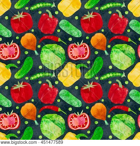 Hand-drawn Watercolor Vegetable Salad Seamless Pattern. Ingredients Such As Carrot, Beetroot, Cabbag