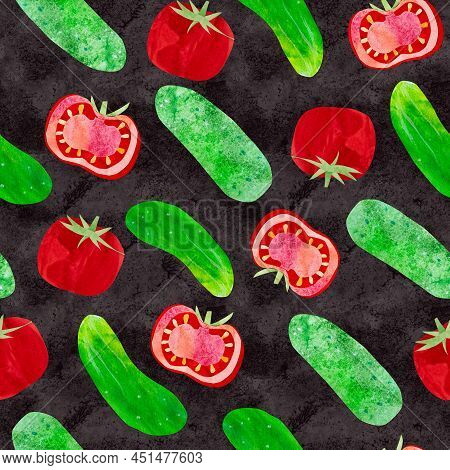 Hand-drawn Watercolor Tomato Cucumber Salad Seamless Pattern. Bright Cute Kawaii Kidcore Style Illus