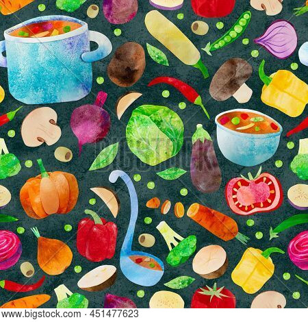 Hand-drawn Watercolor Vegetable Soup Seamless Pattern. Ingredients Such As Carrot, Beetroot, Cabbage