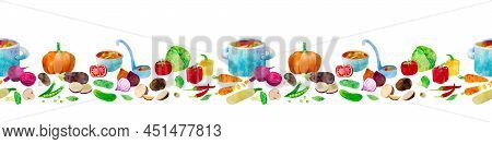 Hand-drawn Watercolor Vegetable Soup Seamless Ornament Border Line. Ingredients Such As Carrot, Beet
