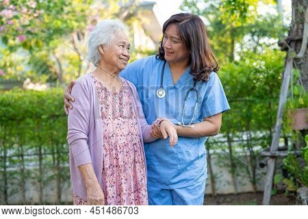 Doctor Help And Care Asian Senior Or Elderly Old Lady Woman Use Walker With Strong Health While Walk