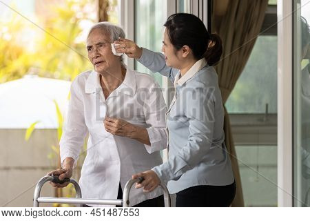 Asian Caregiver Wiping The Sweat On Face Of The Old Elderly By Tissue Paper,assist Help Clean Sweat 