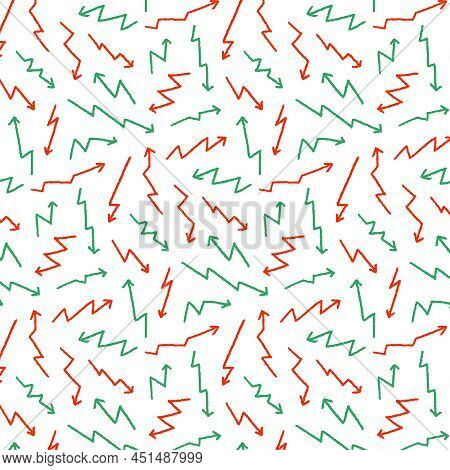 Hand Drawn Vector Illustration Of Red And Green Arrow Pattern On White Background.