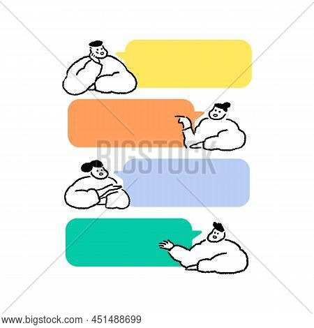 Hand Drawn Vector Illustration Of People Talking With Speech Bubbles In Cartoon Style On White Backg