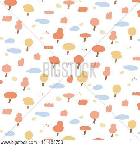 Hand Drawn Vector Illustration Of Forest Pattern  In Minimal Cartoon Style. Tree Doodle Wallpaper Fo