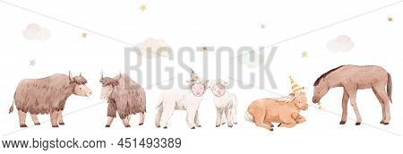 Beautiful Stock Illustration With Set Of Cute Watercolor Hand Drawn Animals At The Birthaday Party.